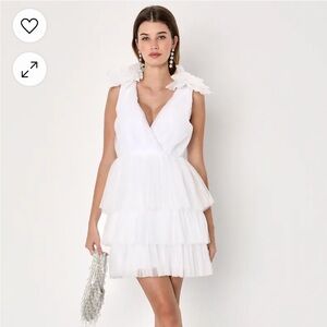 Dramatic Arrival White Tulle Tiered Surplice Mini Dress